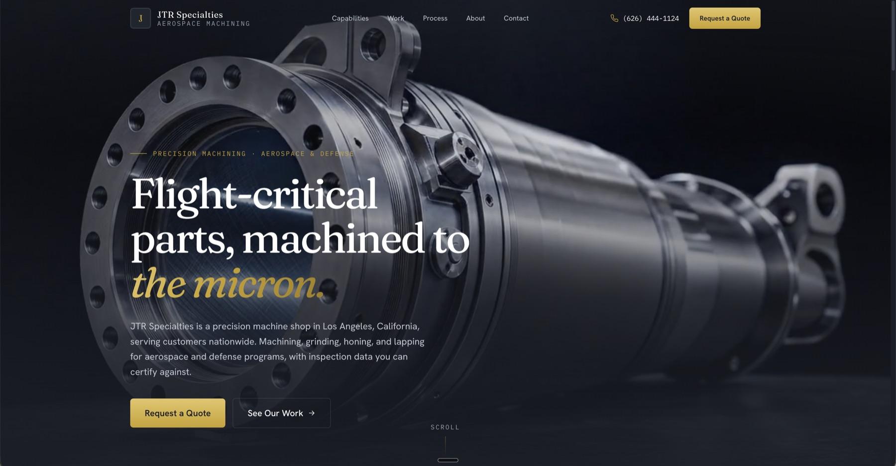 JTR Specialties website hero, flight-critical aerospace machining