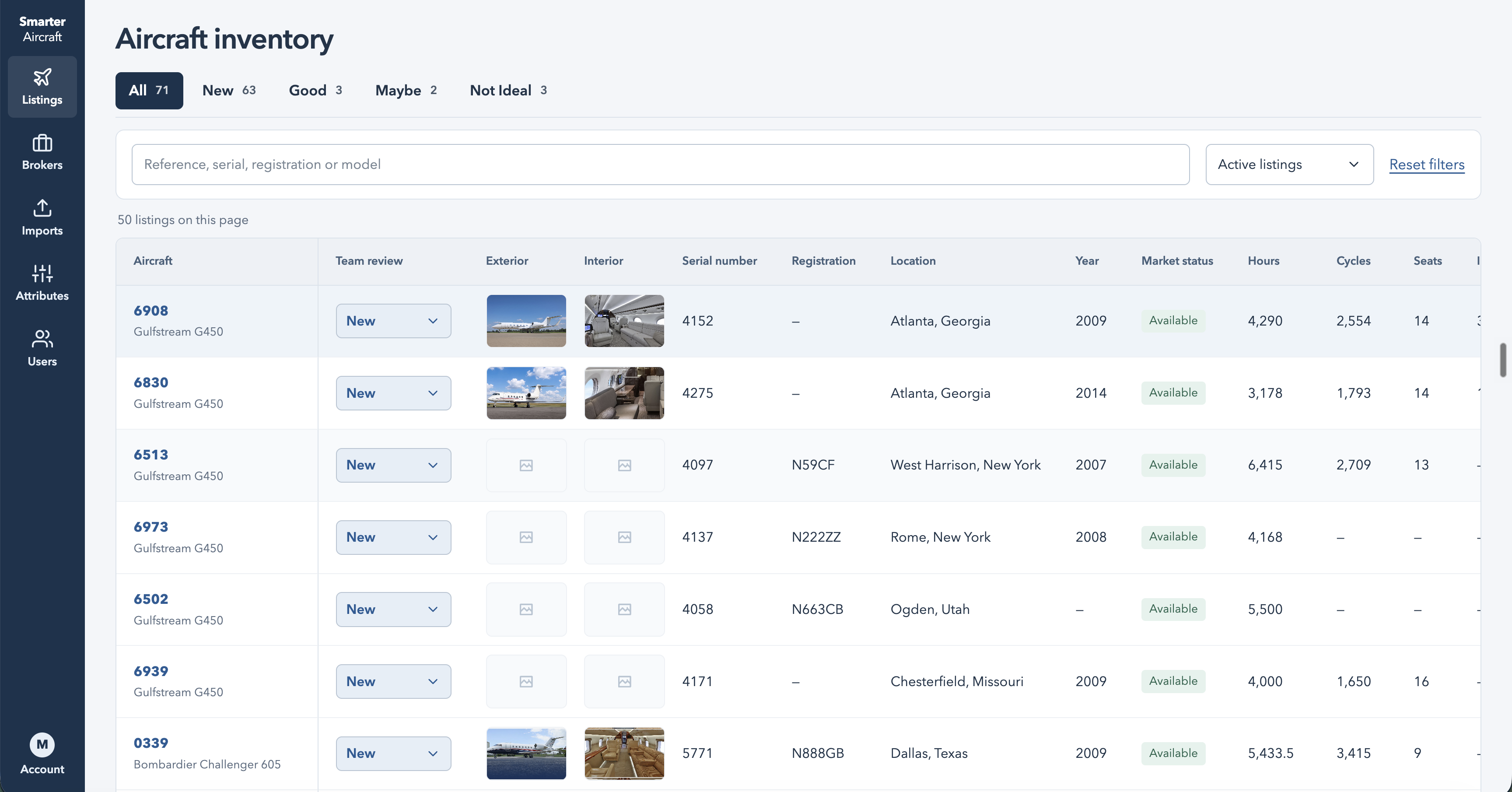 Smarter Aircraft platform showing aircraft inventory and listing filters