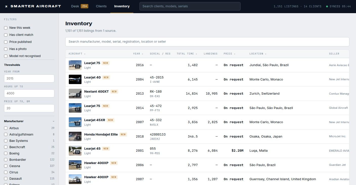 Smarter Aircraft acquisition platform, inventory view with 1,151 listings