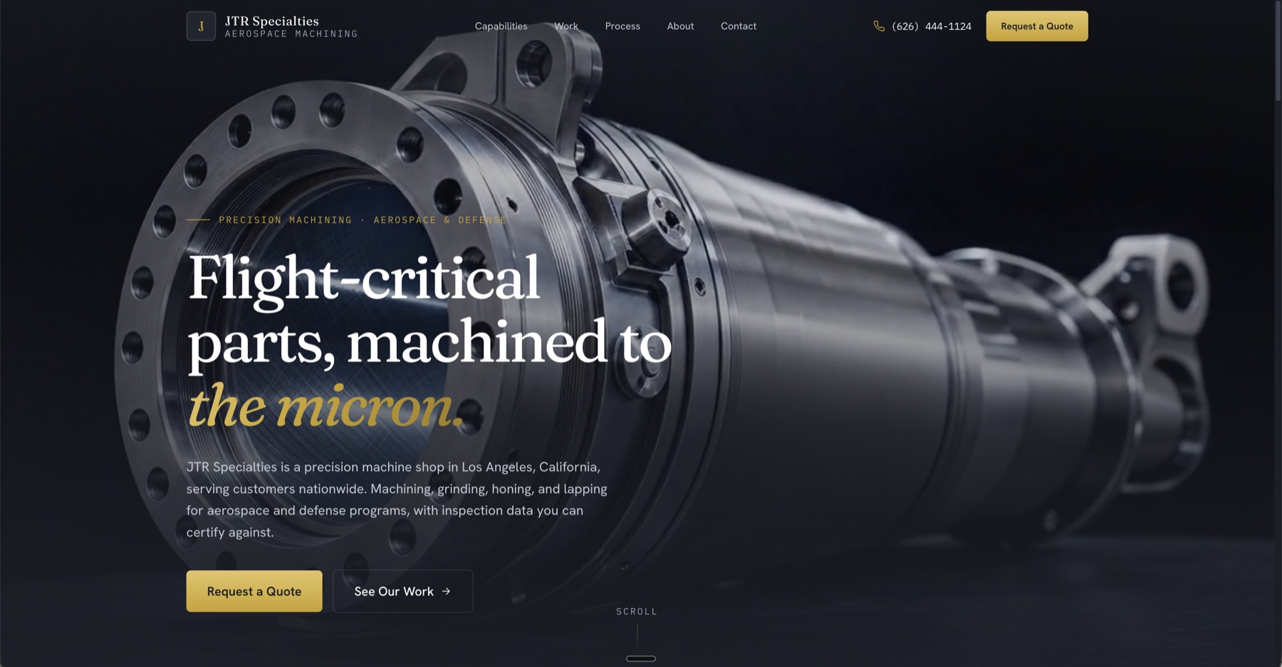 JTR Specialties website hero, flight-critical aerospace machining